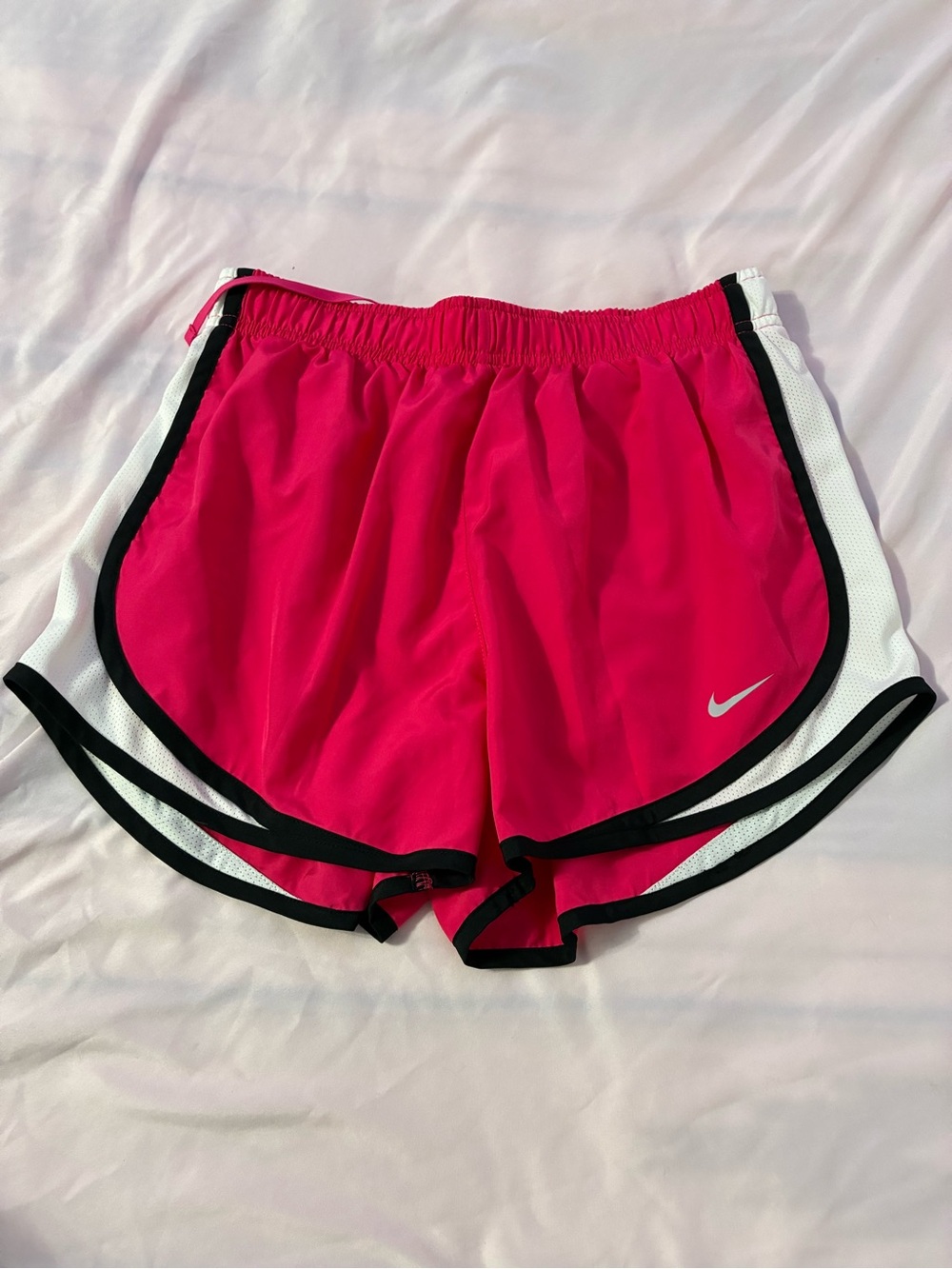 Nike Women's Bright Pink Running Shorts with White Panels and Black Trim